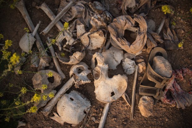 One of many mass graves in Sinjar, Iraq, where thousands of Yazidis were exceuted and  buried by ISIS in 2014. Photo taken April 4, 2016.